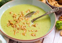 Healthy Broccoli Soup with Nut & Olive Pesto